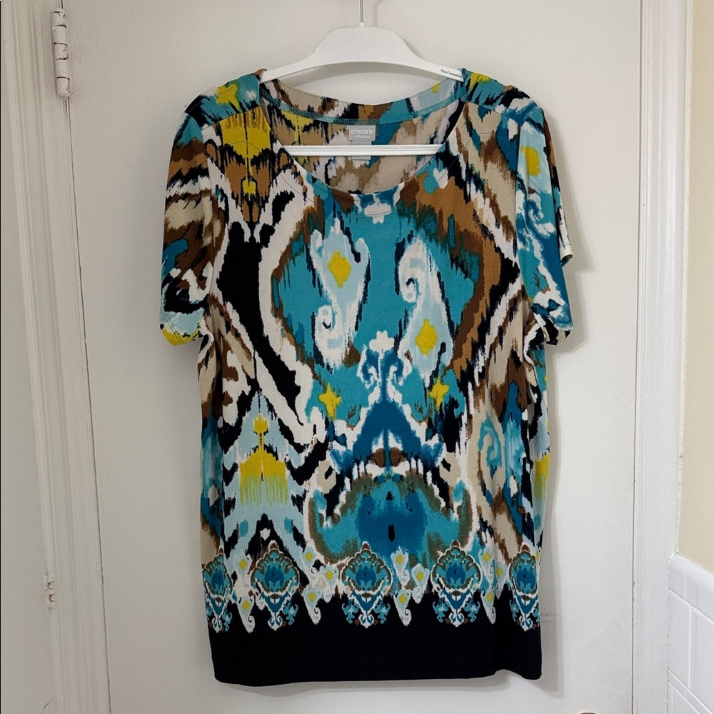 Chico’s Traveler’s Turquoise & Brown abstract Short-Sleeve Top